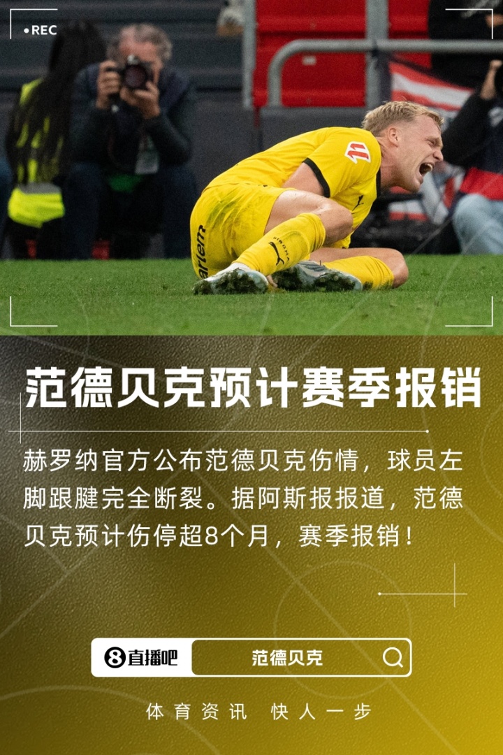赛季报销！官方：范德贝克跟腱完全断裂，西媒预计将伤停超8个月